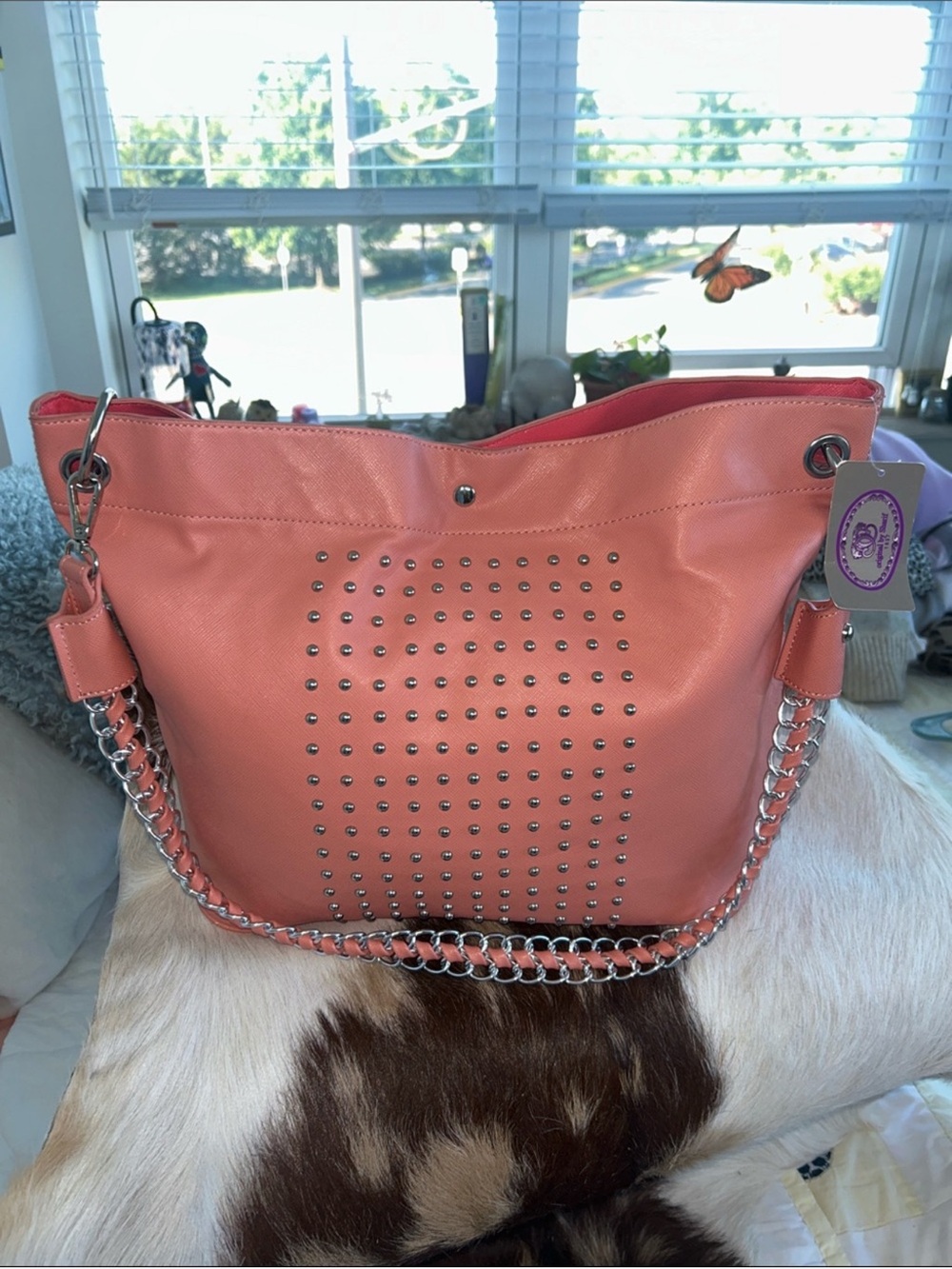 Sharif NWT Coral Pink Studded Tote with Leather Studded Strap and Chain Straps - Picture 4 of 12